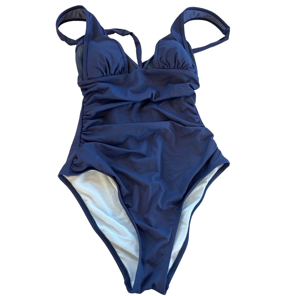 Cupshe Slim & Sculpt Navy Blue Ruched One Piece Swimsuit M Pool Coastal Mesh NEW